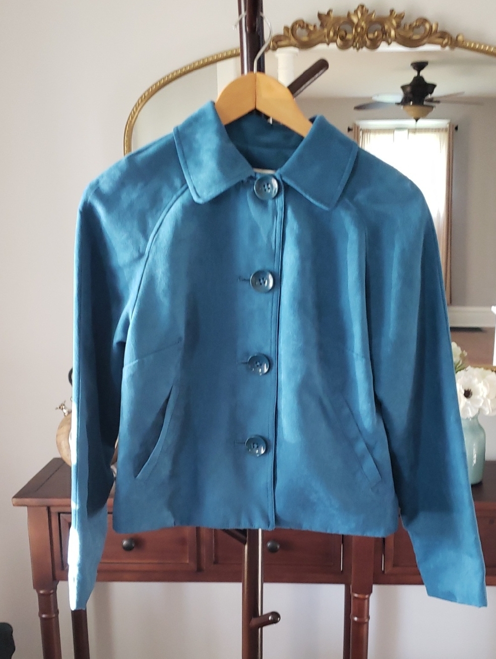 Studio Works Teal Button-Front Bomber Jacket